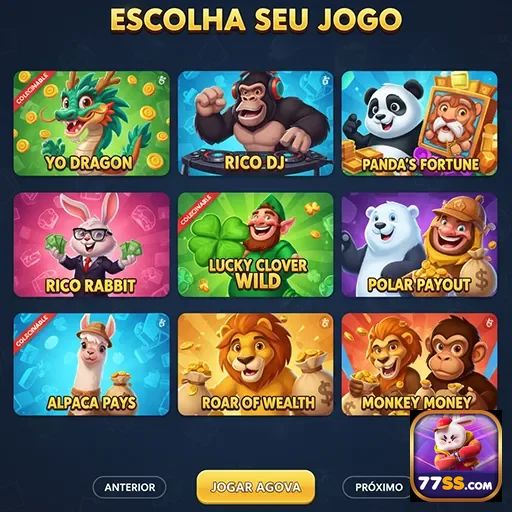 Tela do 77ss exibindo jogos como 'Rico DJ' e 'Alpaca Pays'.