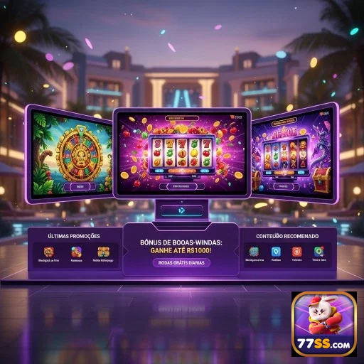 Aplicativo 77ss com jogos de slots e promoções visíveis.