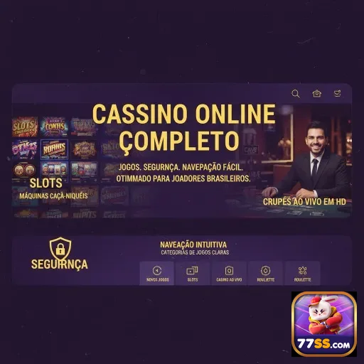 Interface do 77ss mostrando slots e crupiê ao vivo.