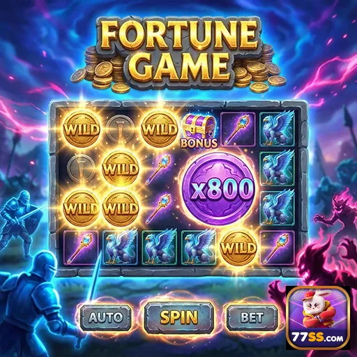 Tela do jogo Fortune Game com bônus e giros no 77ss.