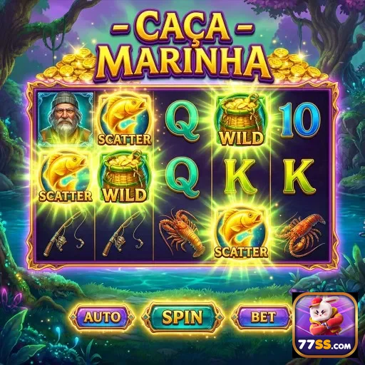 Tela do slot 'Caça Marinha' com símbolos e prêmios no 77ss.