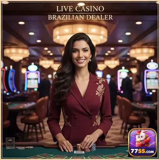 Dealer brasileiro em live casino no site 77ss, jogando.