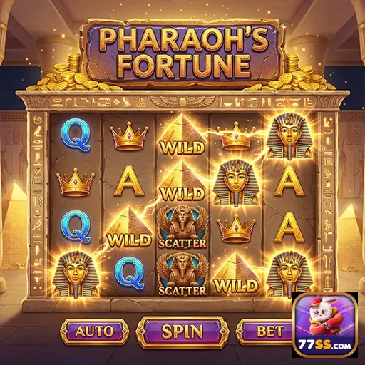 Slot 'Pharaoh's Fortune' no site 77ss com símbolos e prêmios.