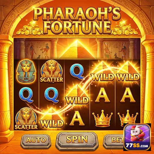 Slot 'Pharaoh's Fortune' no 77ss, com símbolos relevantes.