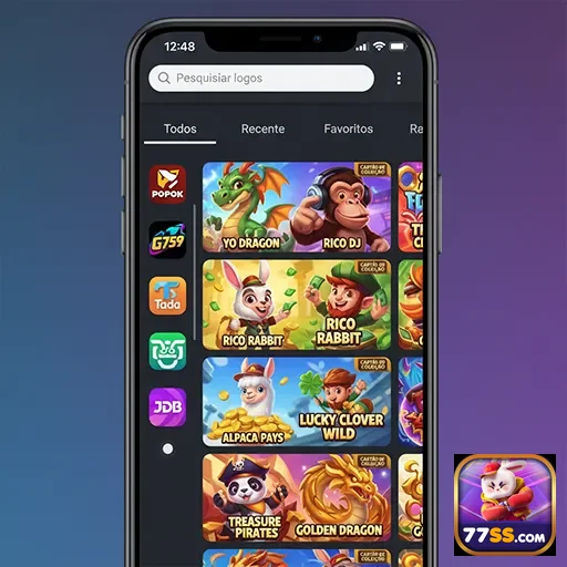 Tela de celular mostrando jogos e promoções VIP da 77ss.