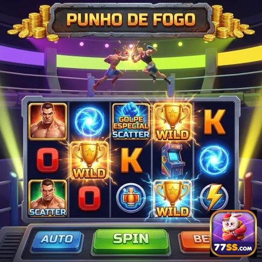 Slot game 'Punho de Fogo' da 77ss com luta no fundo.