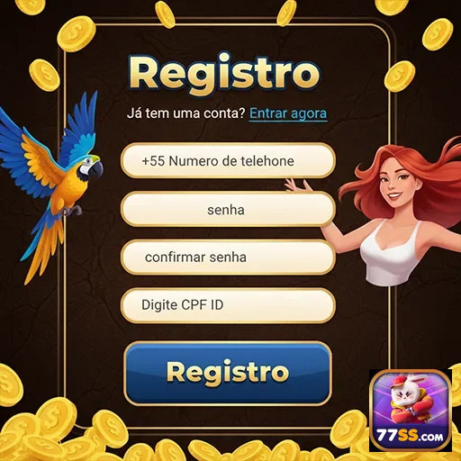 Tela de registro do 77ss com mulher e papagaio colorido.