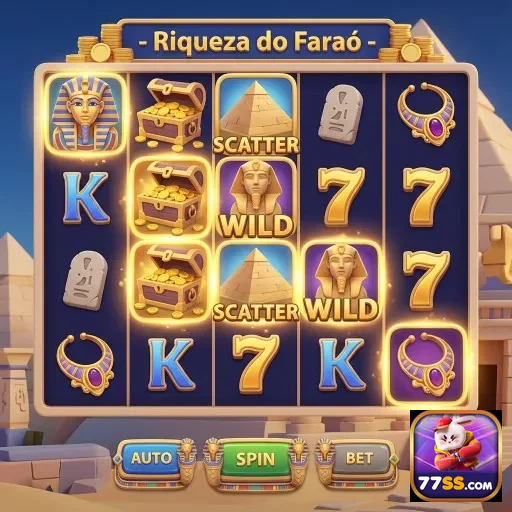 Interface do jogo 'Riqueza do Faraó' na plataforma 77ss.