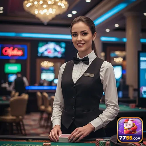 Croupier de cassino atendendo jogadores VIP na 77ss.