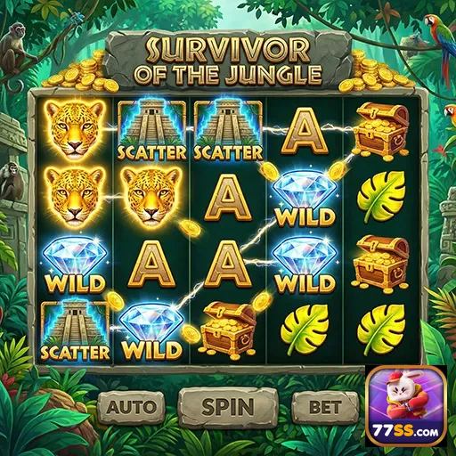 Tela do jogo de slots 'Survivor of the Jungle' no 77ss.