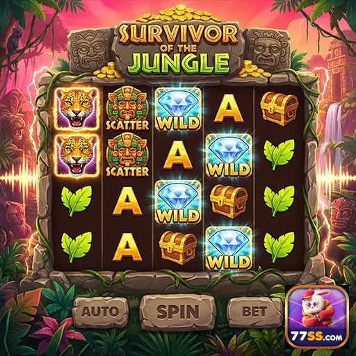 Tela do jogo Survivor of the Jungle no 77ss, com simbolos VIP.